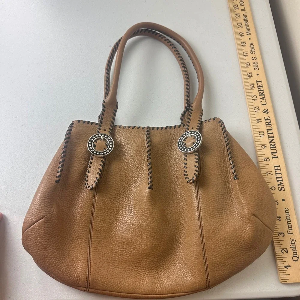 Brighton Shoulder Bag Womens Medium Tan Leather Whipstitch Silver Hardware Boho